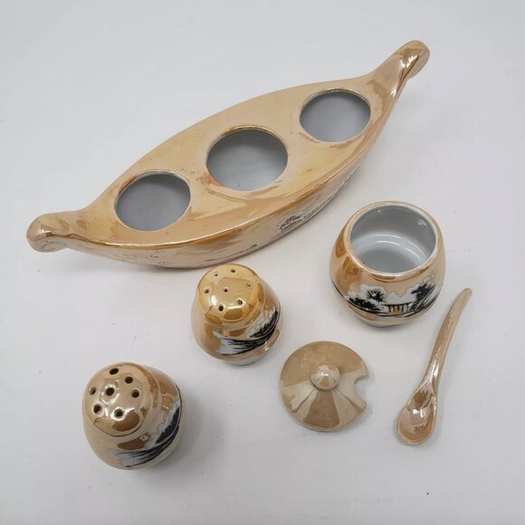 Vintage Condiment Set Salt & Pepper Mustard Jar w/ Spoon Lusterware Japan Boat - Picture 4 of 7